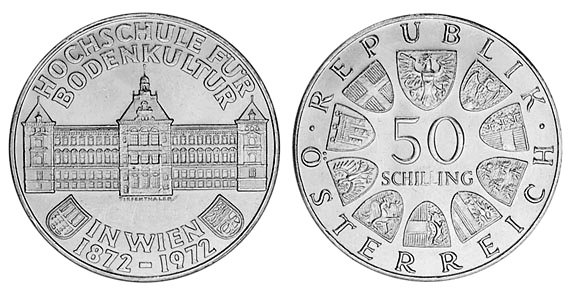 Австрия, 50 шиллингов 1972 год, 100 лет институту сельского хозяйства