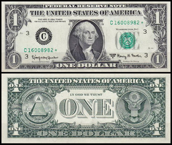 США 1 доллар 1963A (UNC Pick 443b) Federal Reserve Note. Номер со звездой