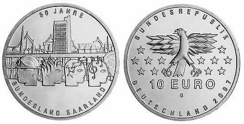 Германия, 10 евро 2007 G (UNC) 50-летие федеральной земли СААР