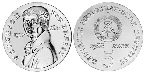 ГДР, 5 марок 1986 год, Генрих фон Клейст