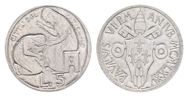 Ватикан, 5 лир 1975 год