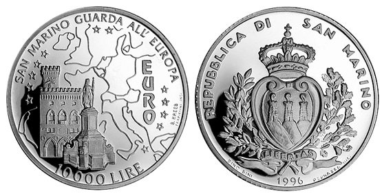 Сан Марино, 10000 лир 1996 (PROOF, серебро) Сан Марино в Евросоюзе