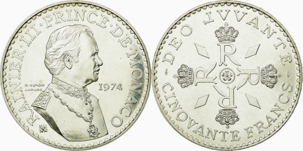Монако, 50 франка 1974 год, 25 лет правления Ренье III, UNC