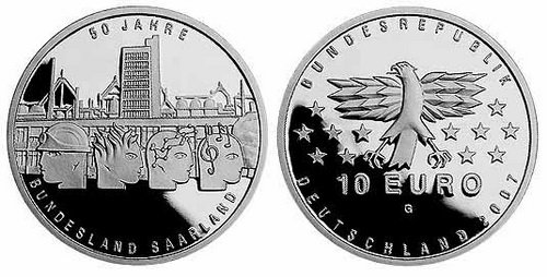 Германия, 10 евро 2007 G (PROOF) 50-летие федеральной земли СААР