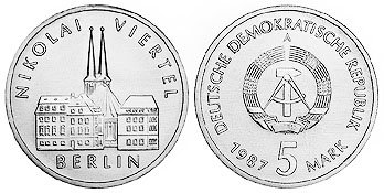 ГДР, 5 марок 1987 год, Исторический квартал Митте Николаифиртель