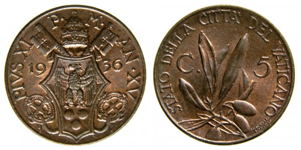 Ватикан, 5 чентезимо 1936 год,