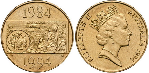 Австралия, 1 доллар 1994 год, 10 лет новому доллару
