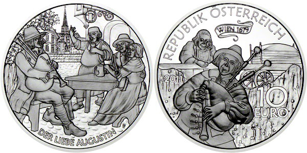 Австрия, 10 евро 2011 год, Августин, переживший эпидемию чумы, ПРУФ