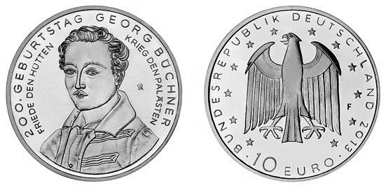 Германия, 10 евро 2013 F (UNC, никель) 200 лет со дня рождения поэта Георга Бюхнера