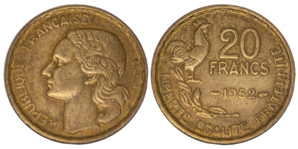 Франция, 20 франков 1952 год