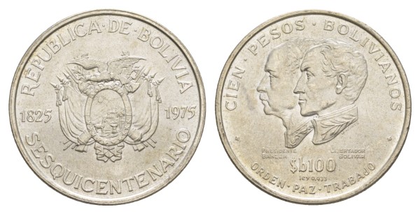 Боливия, 100  песо 1975 год, 150 лет независимости