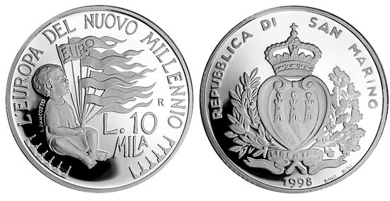 Сан Марино, 10000 лир 1998 (PROOF, серебро) Европа в новом тысячелетии