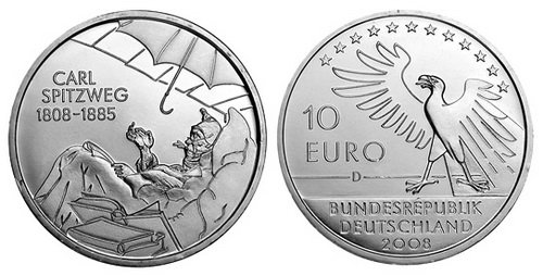 Германия, 10 евро 2008 D (UNC) 200 лет со дня рождения художника Карла Шпицвега