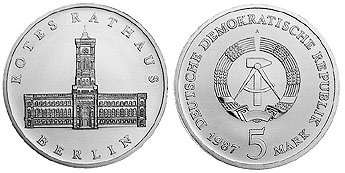ГДР, 5 марок 1987 год, Красная Ратуша в Берлине