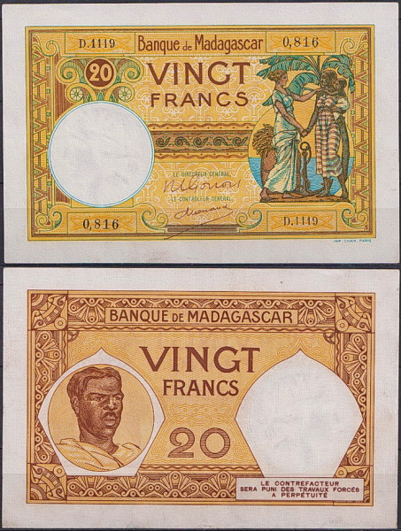 Мадагаскар 20 франков 1937-1947 (AUNC Pick 37)