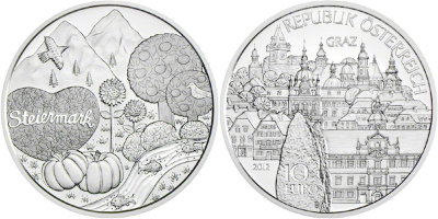 Австрия, 10 евро 2012 год, Столица Штирии - город Грац