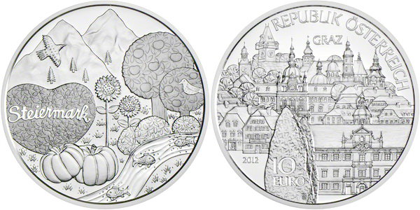 Австрия, 10 евро 2012 год, Столица Штирии - город Грац