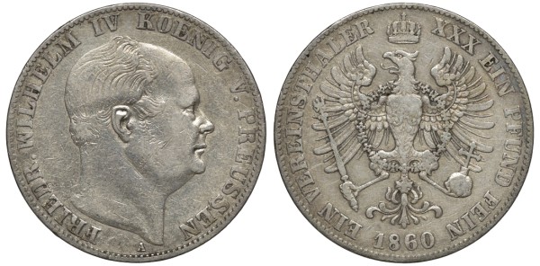 ПРУССИЯ 1 ТАЛЕР 1860 А, ФРИДРИХ ВИЛЬГЕЛЬМ IV (1840-1861)