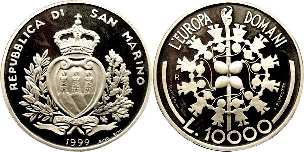 Сан Марино, 10000 лир 1999 (PROOF, серебро) Будущее Европы
