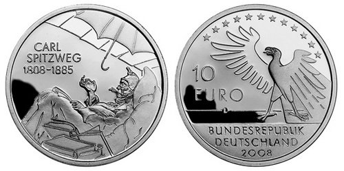 Германия, 10 евро 2008 D (PROOF) 200 лет со дня рождения художника Карла Шпицвега