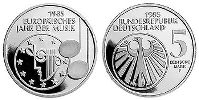 Германия, 5 марок 1985 год, Европейский год музыки, ПРУФ