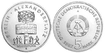 ГДР, 5 марок 1987 год, Площадь Александрплац в Берлине