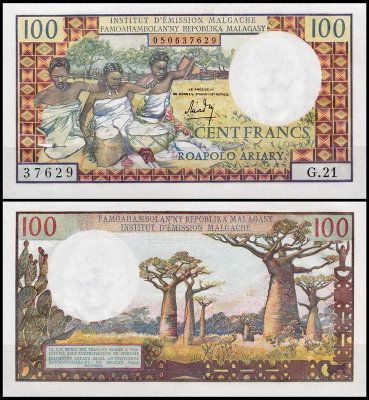 Мадагаскар 100 франков 1966 (UNC Pick 57)