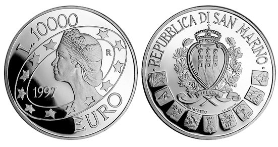 Сан Марино, 10000 лир 1997 (PROOF, серебро) Свободная Европа
