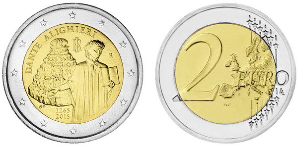 Италия, 2 евро 2015 год, Данте Алигьери