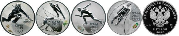 3 рубля 2013 зимние Олимпийские игры в Сочи, Кёрлинг, лыжное двоеборье, бег на коньках, санный спорт