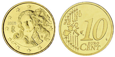 Италия, 10 центов 2006 (UNC, латунь)