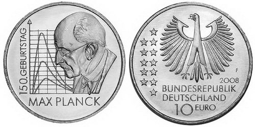 Германия, 10 евро 2008 F (UNC) 150 лет со дня рождения физика-теоретика Макса Планка