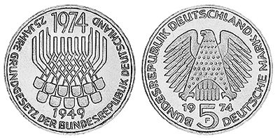 Германия, 5 марок 1974 год, 25 лет Основного закона ФРГ