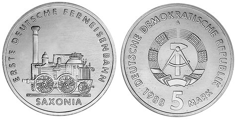 ГДР, 5 марок 1988 год, 150 лет железной дороге Лейпциг-Дрезден