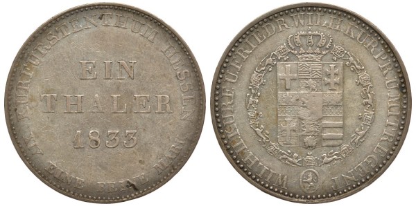 Гессен-Кассель 1 талер 1833 Вильгельм II Гессен-Кассельский (1821-1847) и Фридрих Вильгельм I (1831-1847)