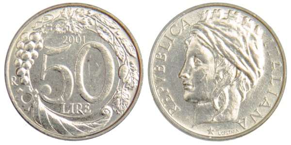 Италия, 50 лир 2001 год,