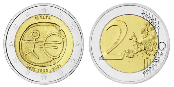 Мальта, 2 евро 2009 (UNC) 10 лет валютного и экономического союза