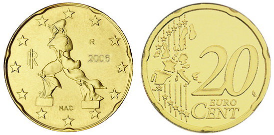 Италия, 20 центов 2006 (UNC, латунь)