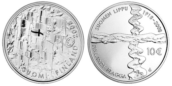Финляндия, 10 евро 2008 год, 90 лет государственному флагу