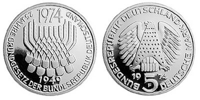 Германия, 5 марок 1974 год, 25 лет Основного закона ФРГ, ПРУФ