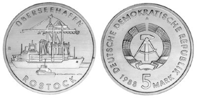 ГДР, 5 марок 1988 год, Город-порт Росток