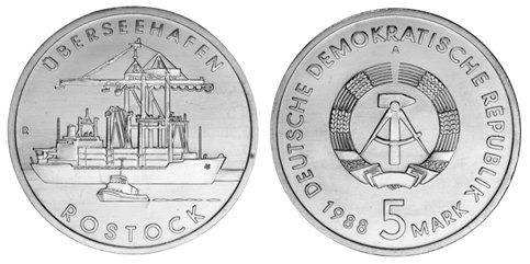 ГДР, 5 марок 1988 год, Город-порт Росток