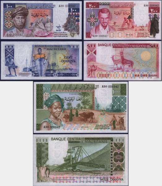 Мавритания набор из 3 банкнот 100,200,1000 угий 1975-1977 (UNC Pick 3A-3C)