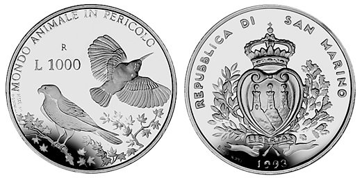 Сан Марино, 1000 лир 1993 (PROOF, серебро) Природа в опасности, Сокол и Дятел