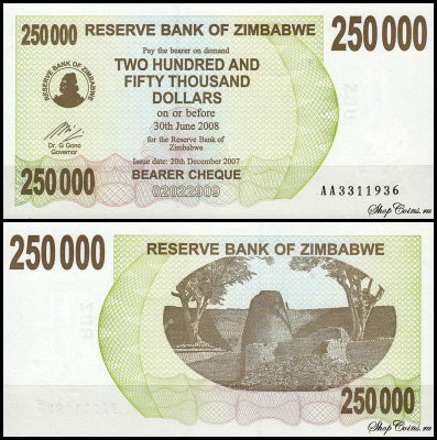 Зимбабве 250 000 долларов 2007 (UNC Pick 50)