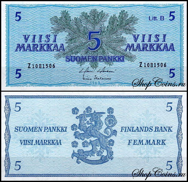 Финляндия 5 марок 1963 (UNC Pick 99)