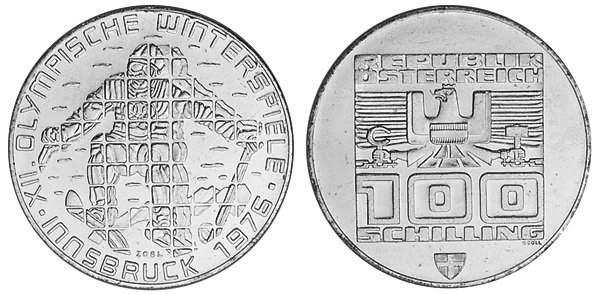 Австрия, 100 шиллингов 1976 год, XII Олимпийские игры в Инсбруке, Лыжник, Вена