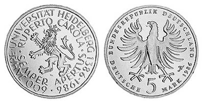 Германия, 5 марок 1986 год, Гейдельбергский университет