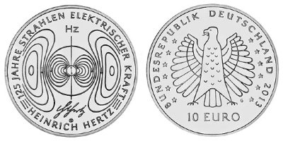 Германия, 10 евро 2013 G (UNC, никель) 125-летие открытия Генрихом Герцем электромагнитных волн