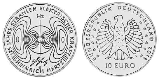 Германия, 10 евро 2013 G (UNC, никель) 125-летие открытия Генрихом Герцем электромагнитных волн